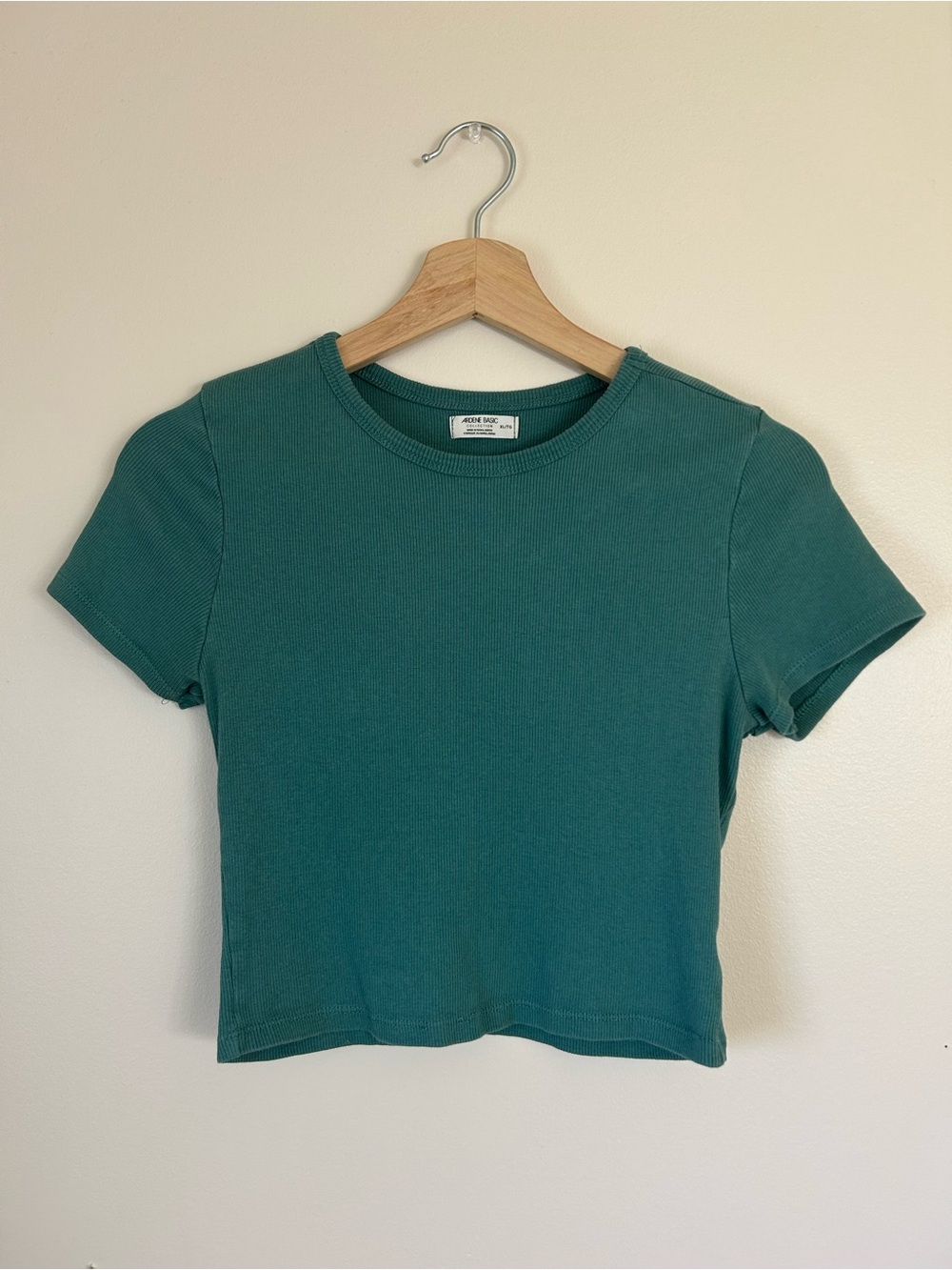 Ardene Basic Teal Green Ribbed Crewneck Crop Baby Tee